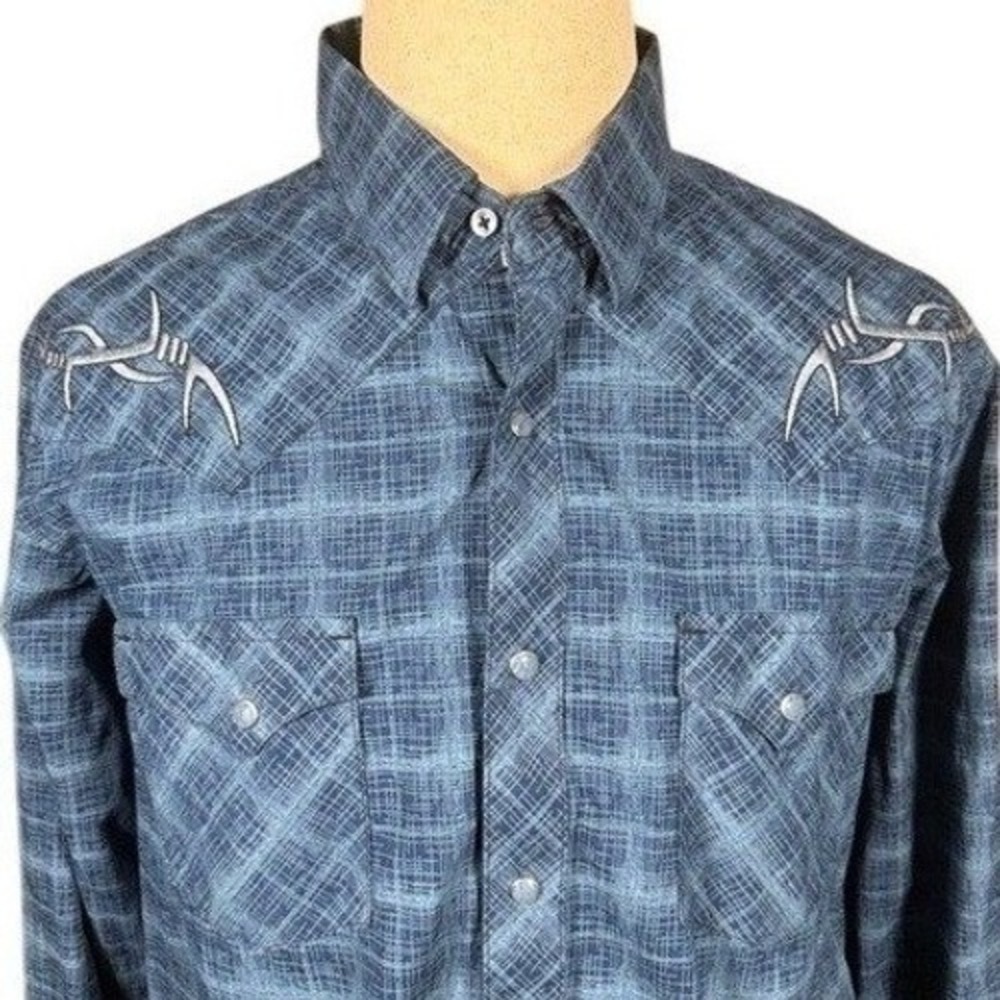 Rock 47 by Wrangler Shirt‎ Mens L MRC213M Blue Barbed Wire Embroidered Western